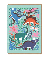 blue card with dinosaurs and plants. Brown envelope.